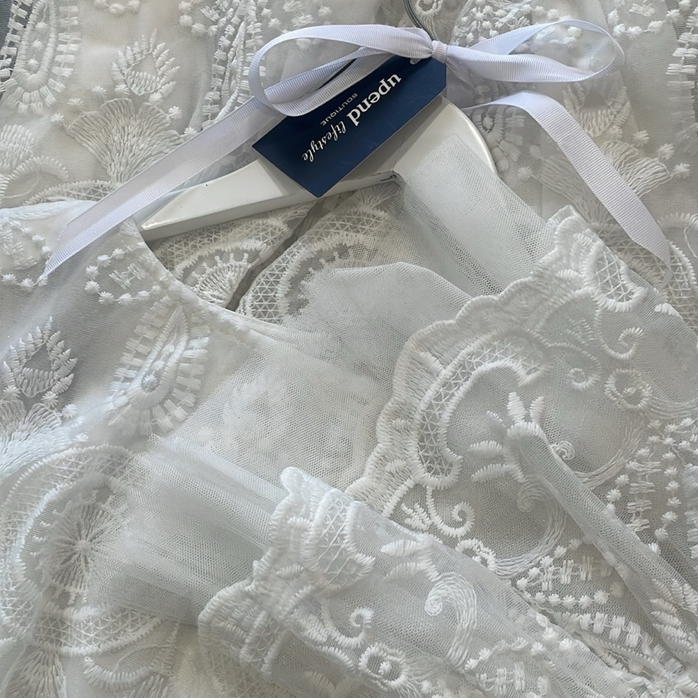 Royal inspired Bell Sleeve Embroidered Dress. Sheer mesh tulle accents.